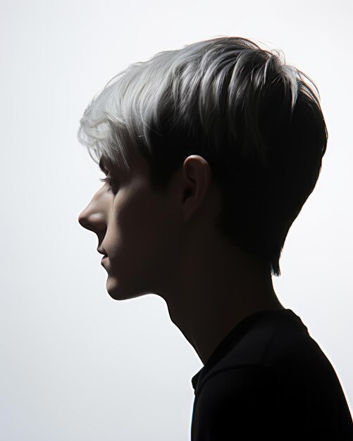 The silhouette of a young man with white hair