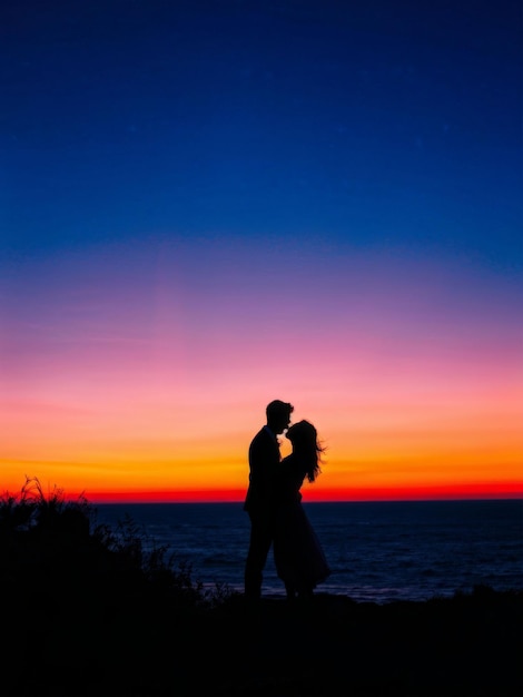 Foto silhouette di un giovane uomo e una giovane donna sulla spiaggia