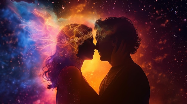 Silhouette of young people hugging with star background Generative ai