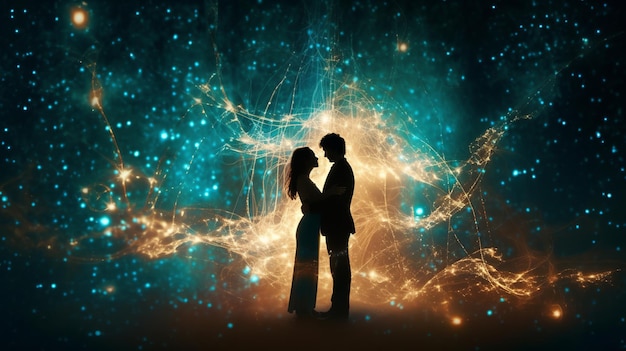 Silhouette of young people hugging with star background generative ai
