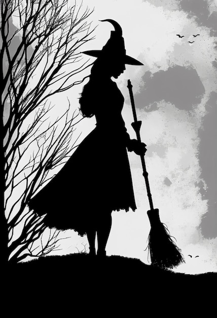 Silhouette of a young witch with a broom AI Generated