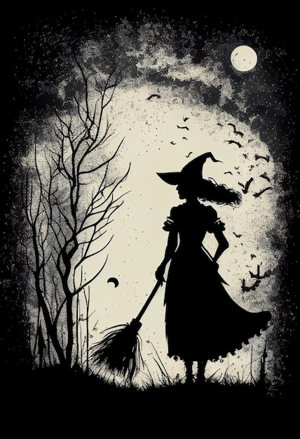 Silhouette of a young witch with a broom AI Generated