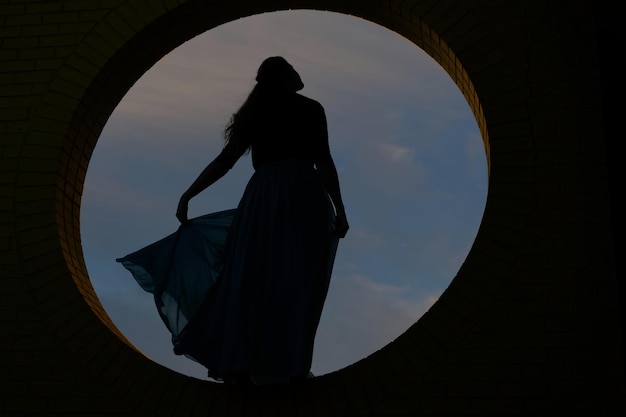Silhouette of young woman in blue dress against the sky        person