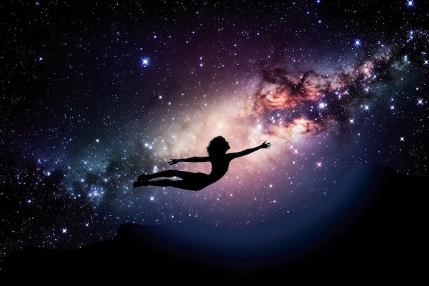 Silhouette of a young woman jumping against milky way background Generative AI