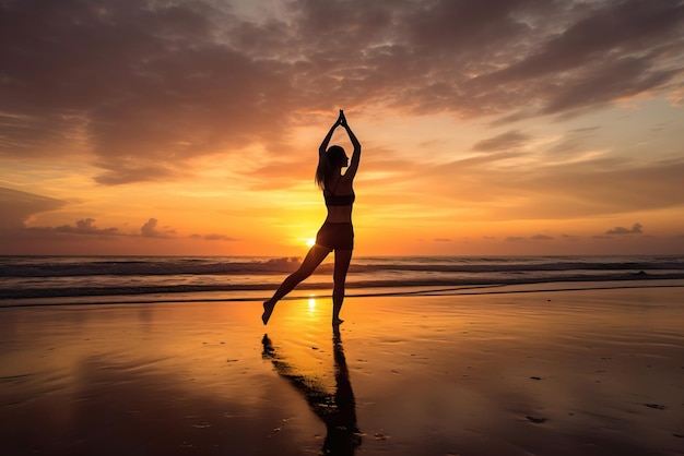 Silhouette of young woman practicing yoga on the beach at sunset Generative AI