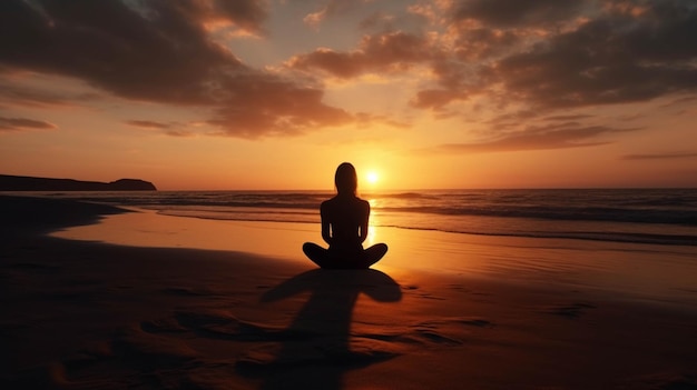 日没時にビーチでヨガを練習するシルエットの若い女性 瞑想 AI ジェネレーティブ