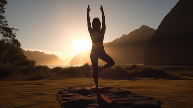 Силуэт молодой женщины, практикующей йогу на открытом воздухе на закате