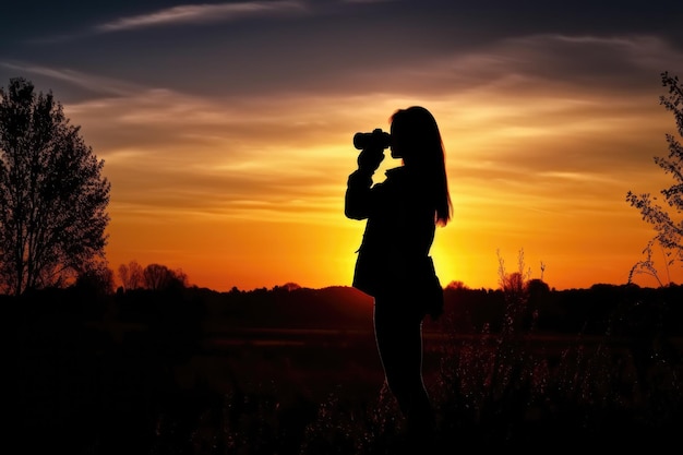 Silhouette of a young woman taking pictures at sunrise created with generative ai