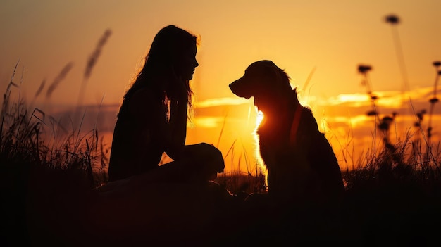 屋外の夕日の中で犬と若い女性のシルエット