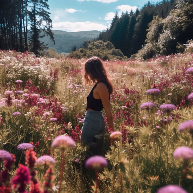 Silhouette of a young woman with long hair in a field of summer flowers at sunset Generative ai