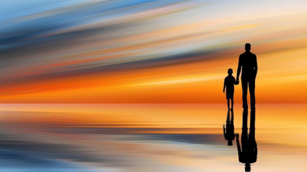 A silhouetted adult and child hold hands at sunset reflecting on calm waters