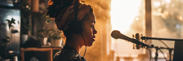 Photo silhouetted african american woman with headphones singing into a microphone warm sunlight