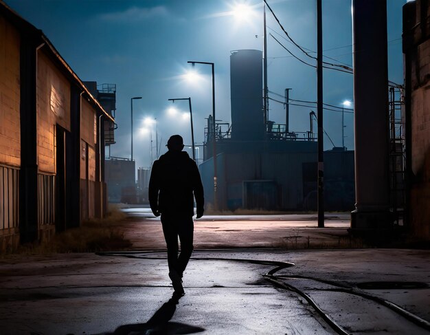 Silhouetted against an industrial cityscape a person in urban attire walks along a gritty alley surr..