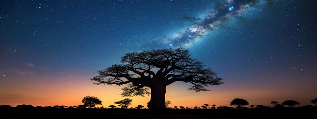 Photo silhouetted baobab under milky way