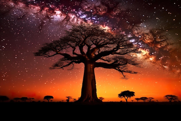 Photo silhouetted baobab under milky way