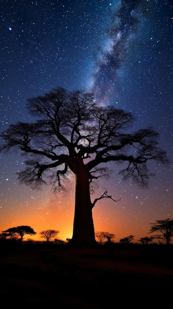 Silhouetted Baobab under Milky Way