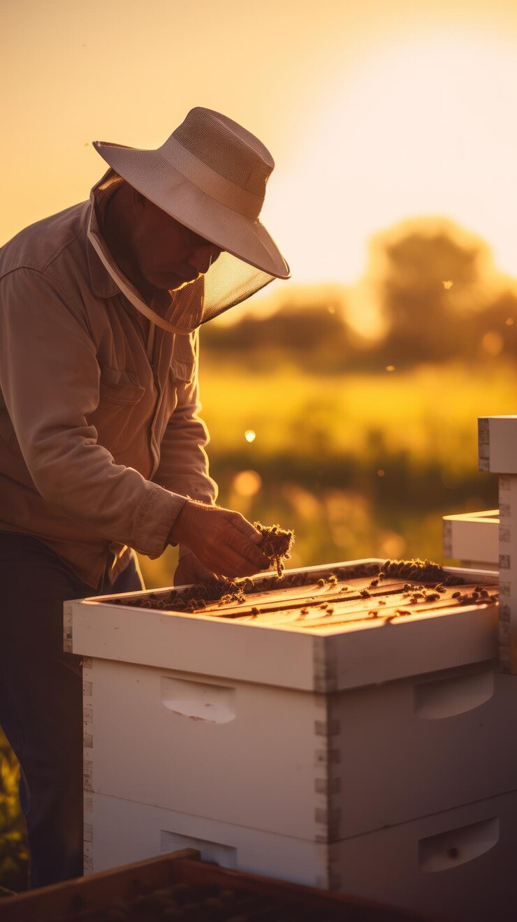 Silhouetted beekeeper working meticulously with beehive highlighted by a radiant sunset backdrop