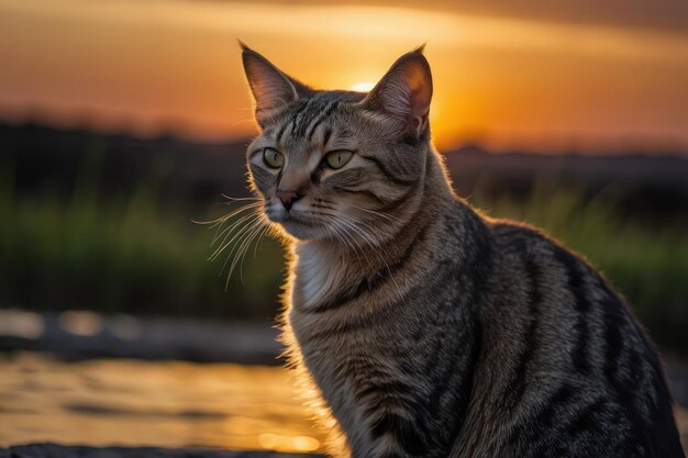 Silhouetted black cat at waterfront during sunset