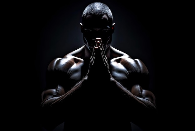 Silhouetted bodybuilder praying in the dark ai generated artwork