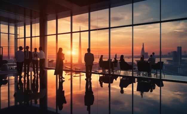 Silhouetted Business Group in Early Dawn Office