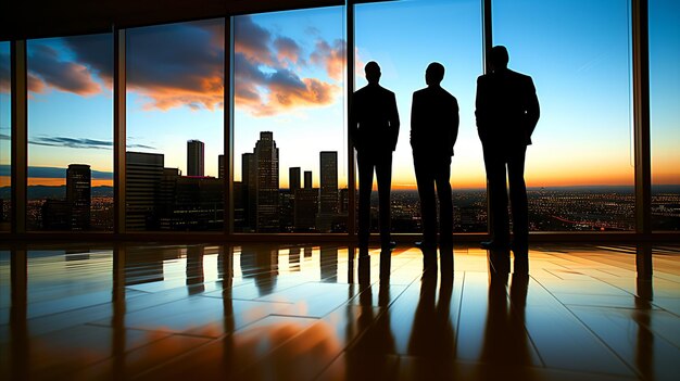 Photo silhouetted business professionals overlooking cityscape at sunset