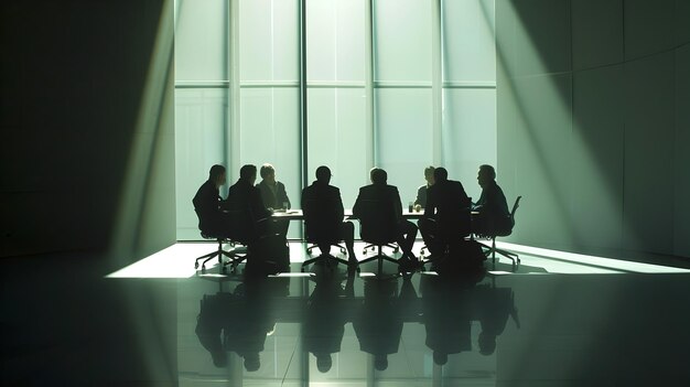 Silhouetted Businessmen Engage in Strategic Discussion during Dynamic Office Meeting