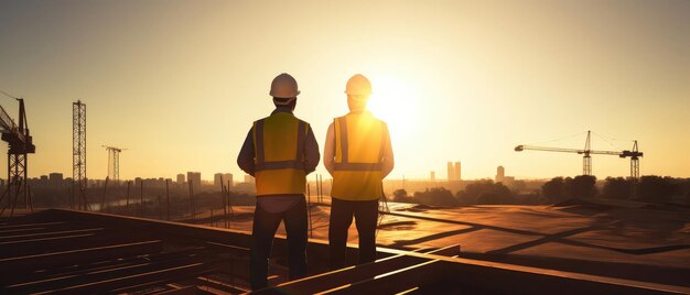 Silhouetted Construction Workers at Sunset on Site