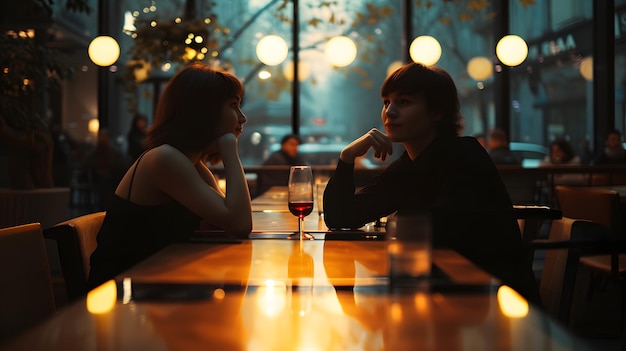 Silhouetted couple enjoying a romantic dinner with wine in a dimly lit restaurant