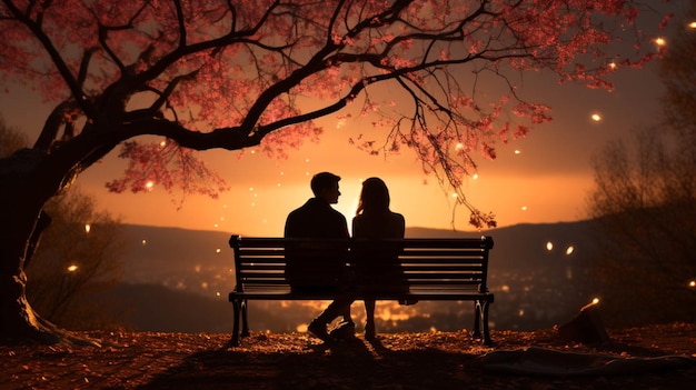 シルエットのカップルは愛の木の下でベンチに座る