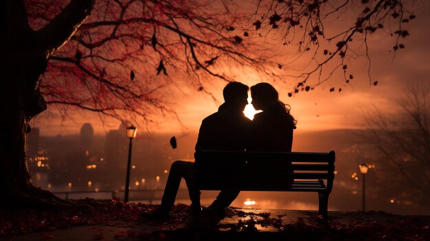 Silhouetted couple sit on bench under a love tree valentine39s background