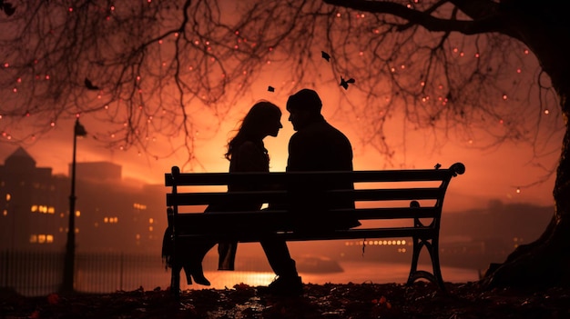 Silhouetted couple sit on bench under a love tree valentine39s background