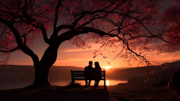 Силуэт пары сидят на скамейке под деревом любви на фоне валентина39s