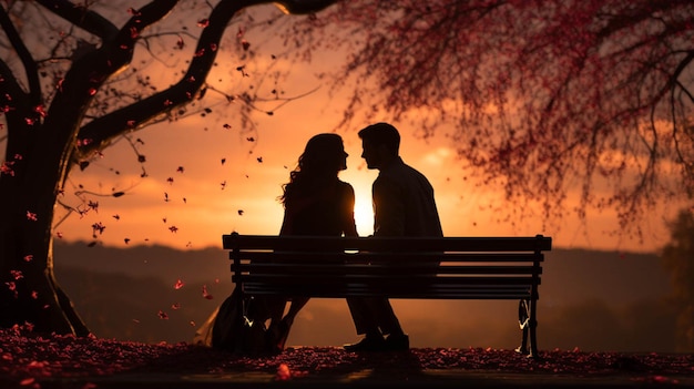 Foto le coppie proiettate si siedono sulla panchina sotto uno sfondo di san valentino dell'albero di amore