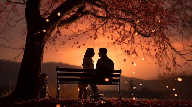 Photo silhouetted couple sit on bench under a love tree valentine39s background