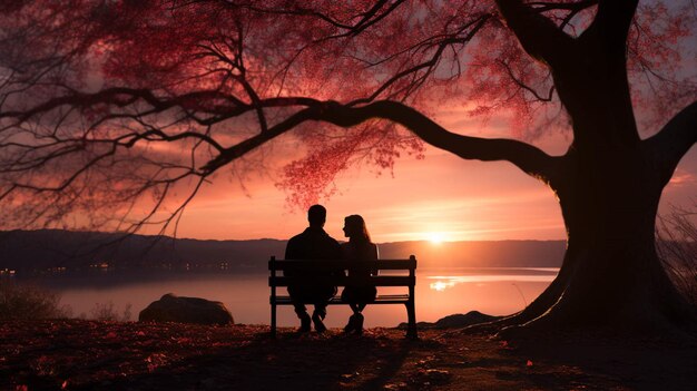 Foto una coppia in silhouette si siede su una panchina sotto un albero d'amore valentine39s sullo sfondo