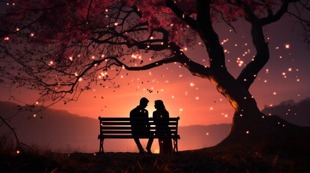 写真 シルエットのカップルは愛の木の下でベンチに座る