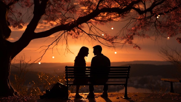 写真 シルエットのカップルが恋の木の下のベンチに座っている valentine39sの背景