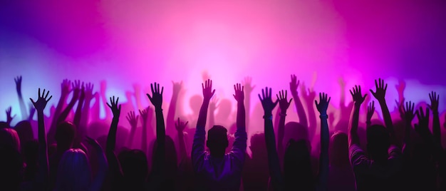 Photo silhouetted crowd raising hands at a concert illuminated by vibrant purple and pink lights against a dark background exemplifying fun generative ai