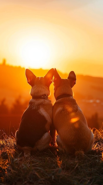 Foto cani in silhouette che si godono insieme l'alba