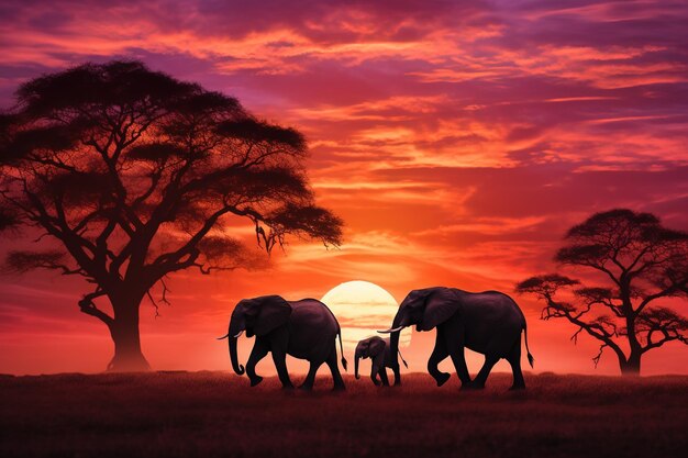 A silhouetted elephant family against an orange and pink sunset in the savannah