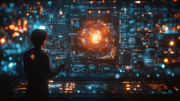 A Silhouetted Figure Interacting with a Futuristic Interface