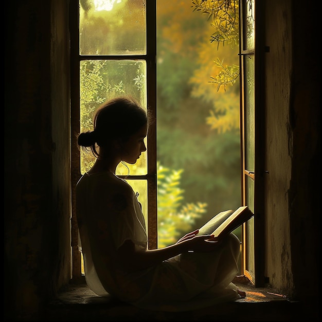 Фото Силуэтная фигура женщины, читающей у окна, купающаяся в золотых оттенках солнечного света