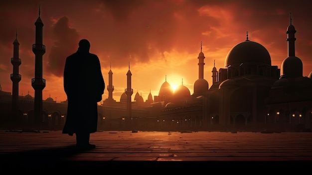 Силуэтная фигура с видом на величественную мечеть на закате
