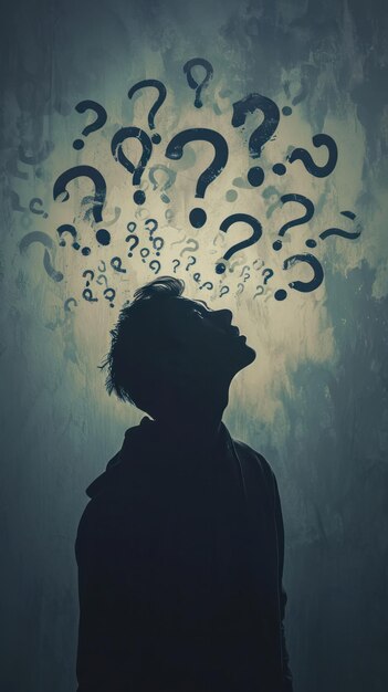 Photo silhouetted figure with question marks overhead embodying the search for answers in the darkness