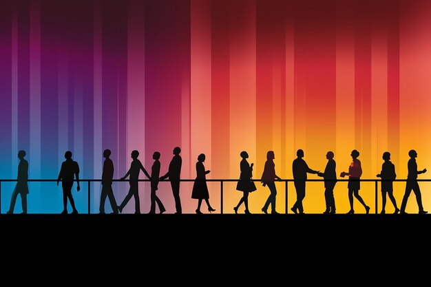 Silhouetted Figures Progress Across a Gradient of Vibrant Hues Symbolizing Unity in Diversity