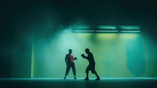 Photo silhouetted figures of two boxers in midfight with intense lighting and a smoky atmosphere