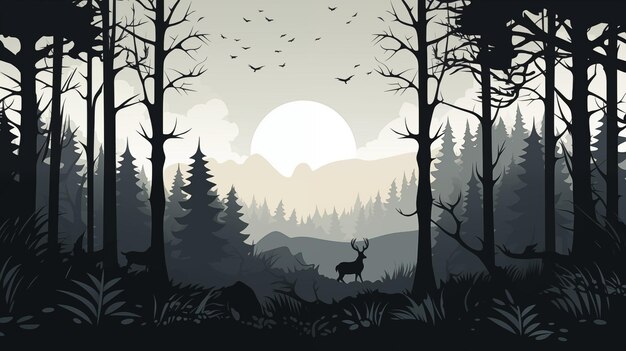 Photo silhouetted forest landscape with deer and mountainous backdrop at sunrise