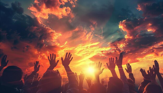 Silhouetted Hands Raised in Worship Sunset