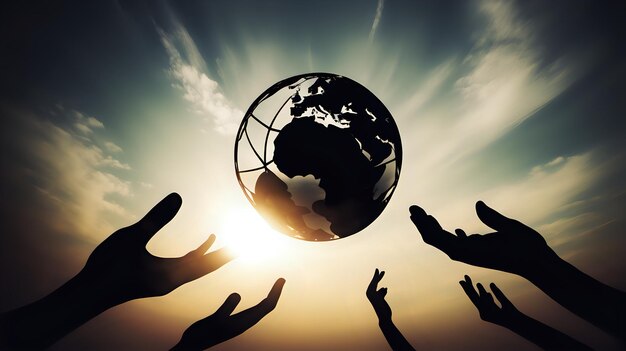 Силуэтные руки, отпускающие в небо мировую сферу, символизирующую глобальные устремления и мечты