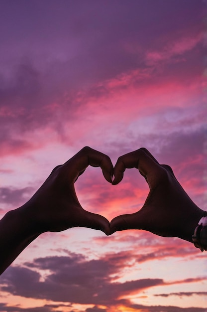 Photo silhouetted heart with hands against sunset